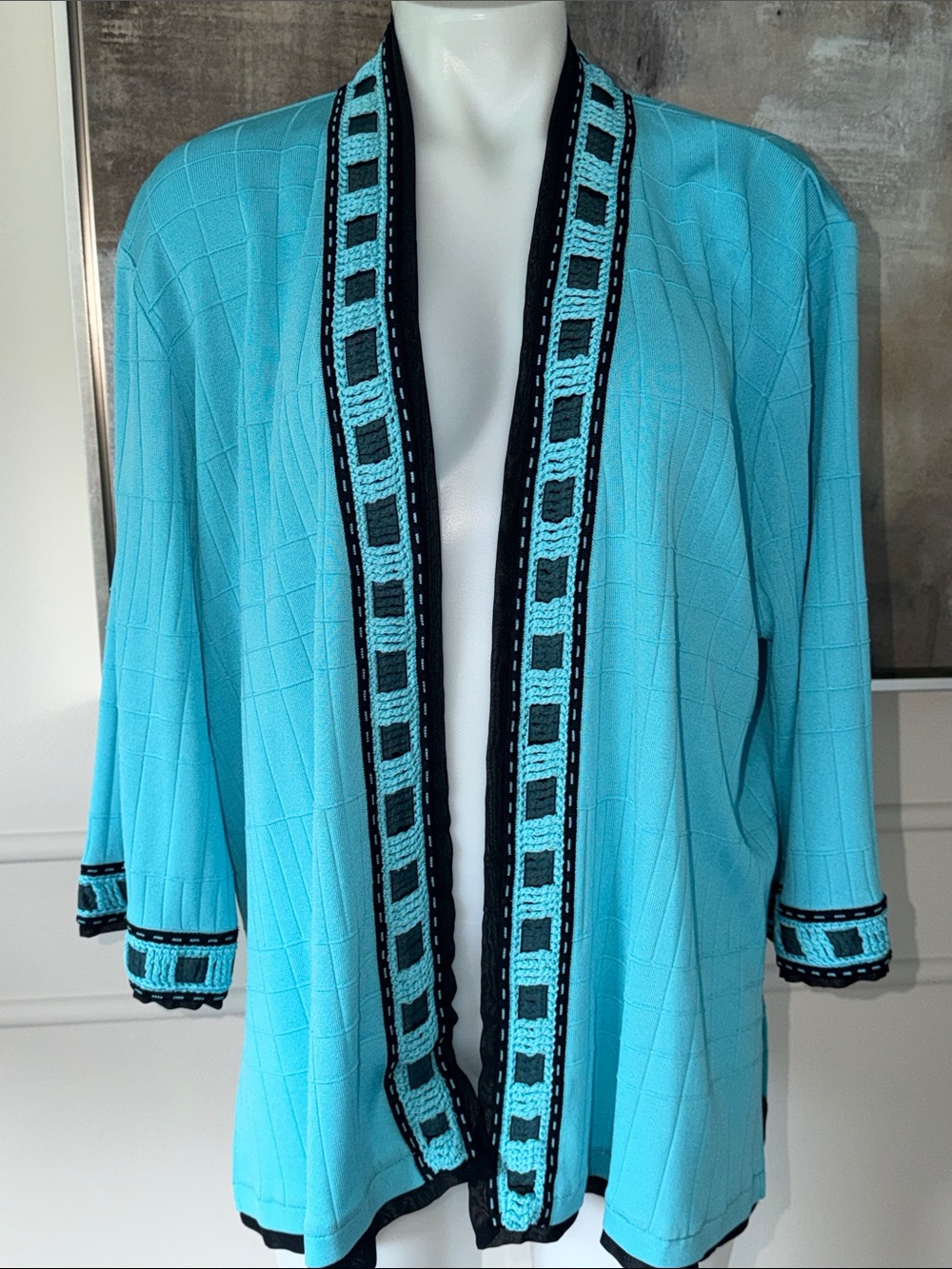 MING WANG Turquoise Open Front Cardigan with Black Trim Sz 2X excellent